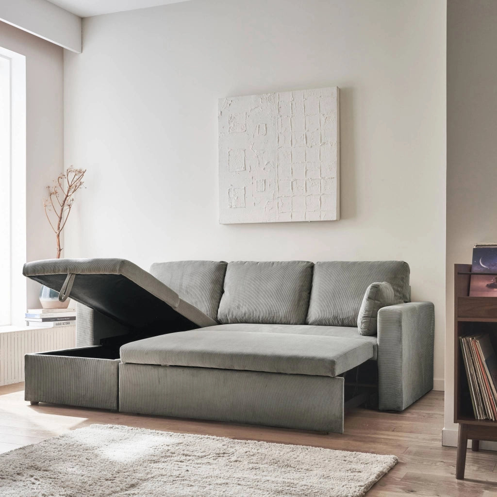Divano letto angolare reversibile in velluto a coste, 3 posti, grigio