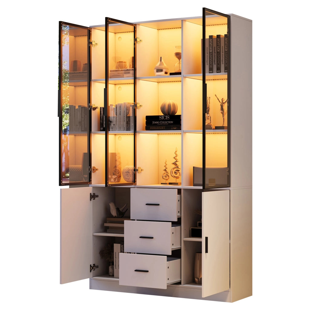 Vetrina alta con LED RGB, 5 ante, 3 cassetti, 13 scomparti, 120x30x200 cm, bianco