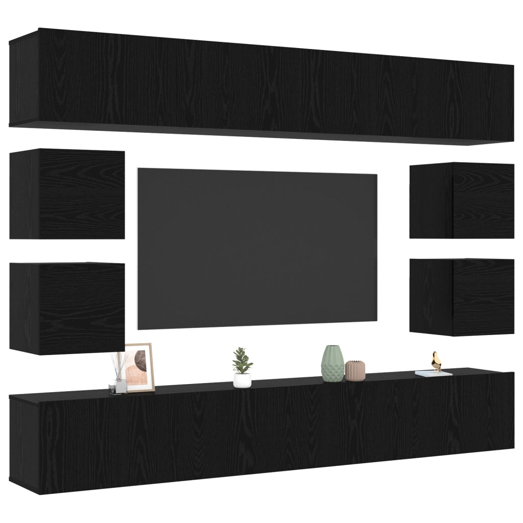 Set di mobili TV  a 8 pezzi montato a parete in rovere nero legno ingegnerizzato