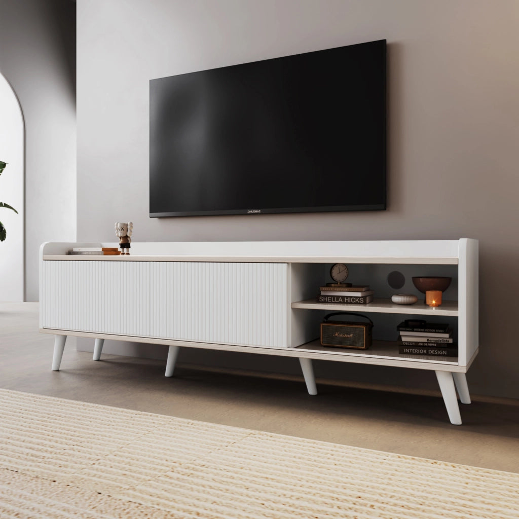 OKWISH Mobile TV con 2 Ante Scorrevoli, 2 Cassetti e 2 Ripiani, per Soggiorno, Bianco, 160×40×58 cm