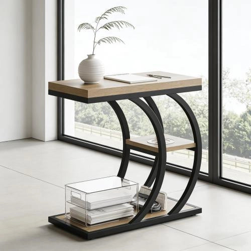 Tavolino da caffè con 3 ripiani e piedi regolabili per soggiorno in metallo e legno 60×30×58 cm nero e marrone