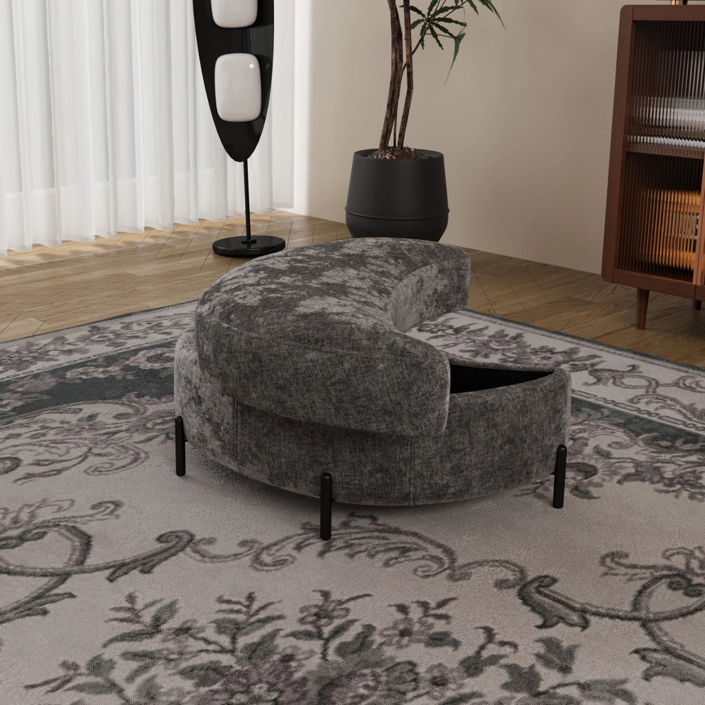 Pouf Contenitore Mezzaluna con Vassoio ¨C MINIMAL ¨C Tessuto Chenille, Grigio, Poggiapiedi