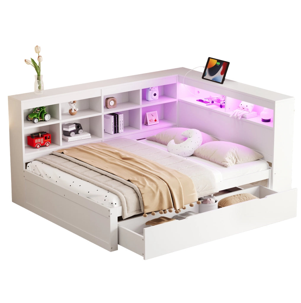 Letto matrimoniale multifunzione in legno 140x200 cm con contenitori, USB e LED