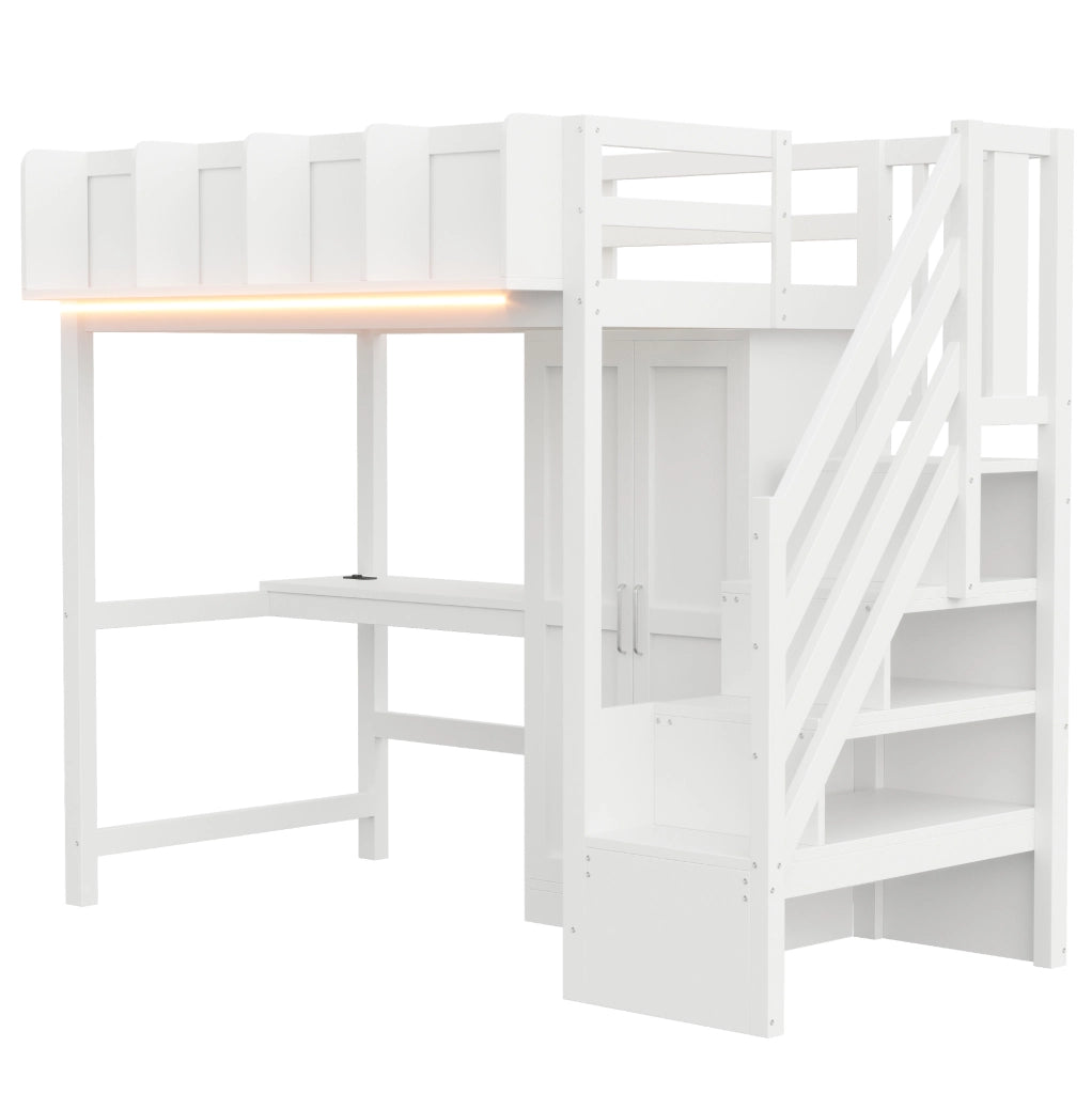 Letto a soppalco ULEVR 90x200 cm con scrivania, armadio, LED e prese integrate, bianco