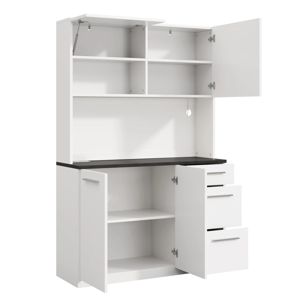 Credenza alta 120x40x180 cm con ampio spazio; prese integrate e LED multicolore; truciolare bianco