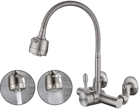 Wandmontata Keukenkraan in Acciaio Inossidabile 304, Materiale Sicuro per l'Alimentazione, 360° Rotativa Wandgootsteenkraan con Maniglione Singolo per Montaggio a 6,3CM-24CM