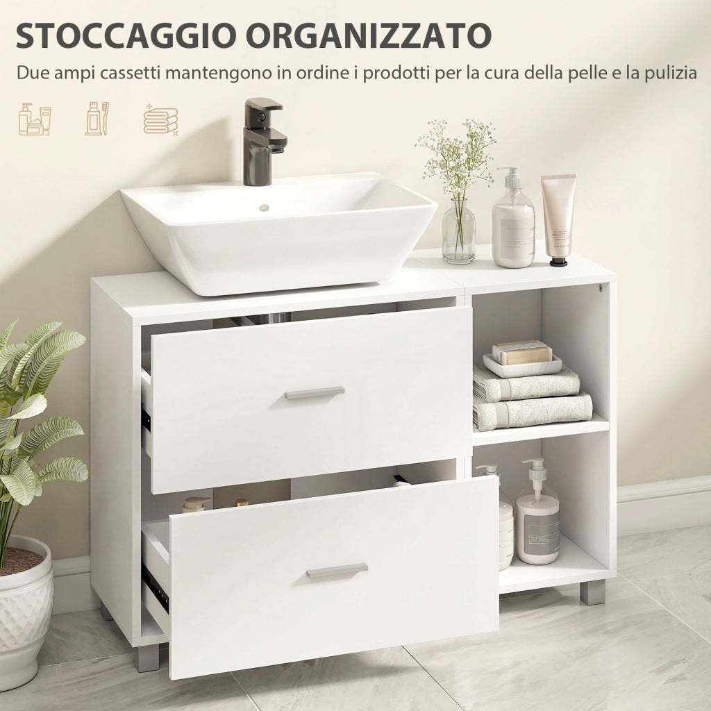 Mobile Sottolavabo Bagno con 2 Cassetti e Ripiani Aperti, in Legno, 90x30x60 cm, Bianco