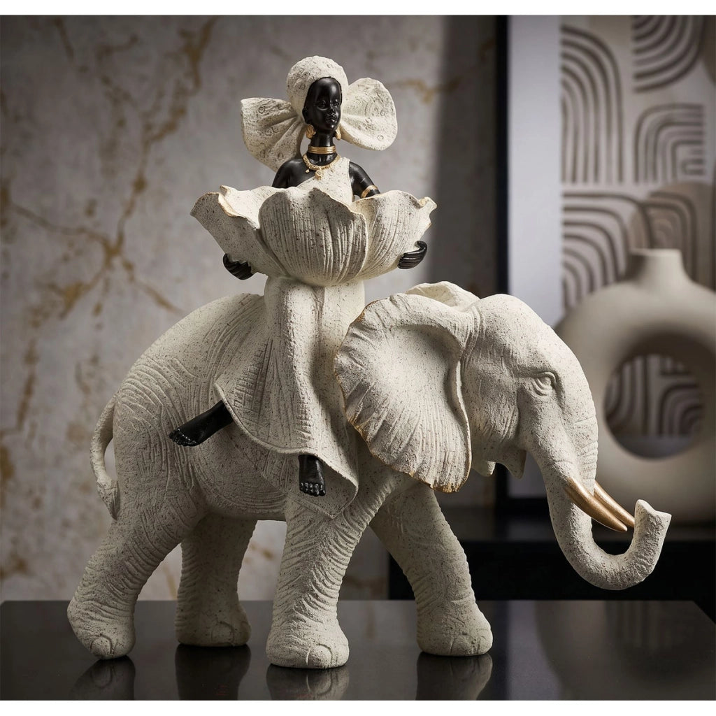 Scultura decorativa Donna su Elefante in poliresina sabbia e oro