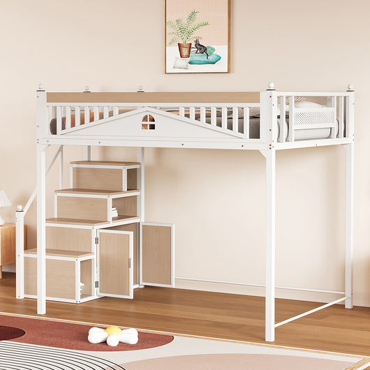 Letto a soppalco in metallo - Xylo - 140x200cm - Bianco - Barriera di sicurezza scala reversibile
