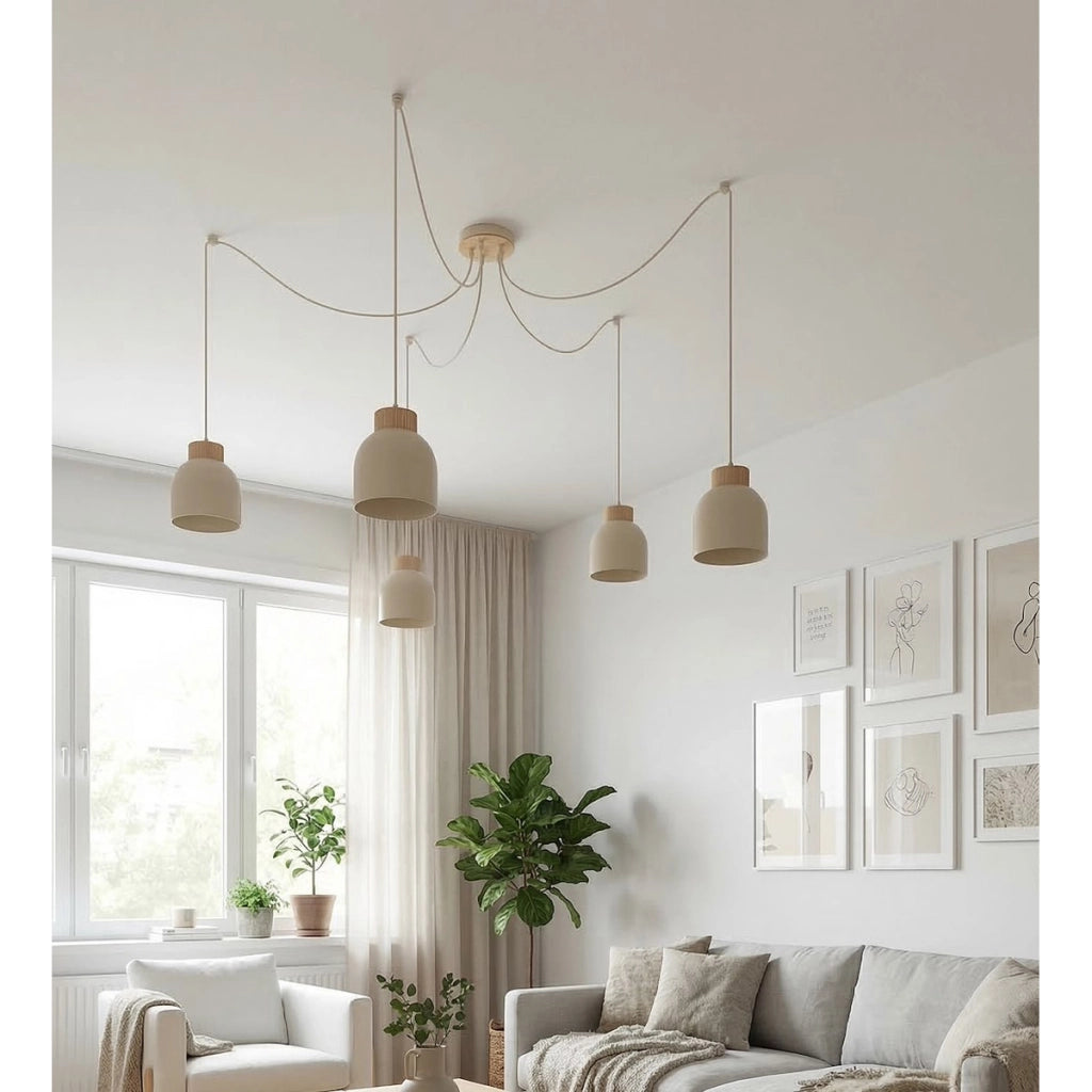 Lampada a sospensione KRU in acciaio beige e legno