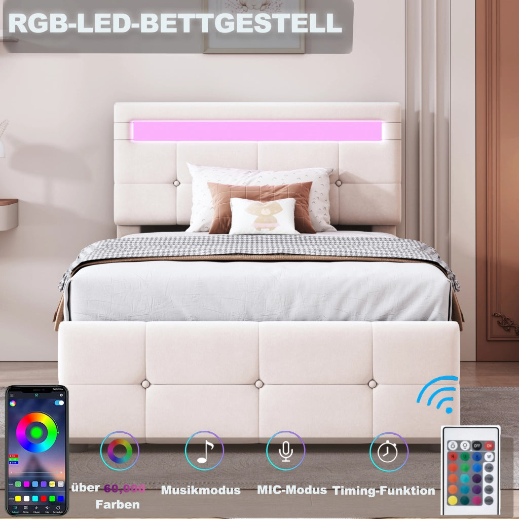 OKWISH Letto Contenitore 90×200 cm, Letto Singolo con LED, Contenitore Idraulico e Testiera Regolabile, senza Materasso, in Velluto, Beige