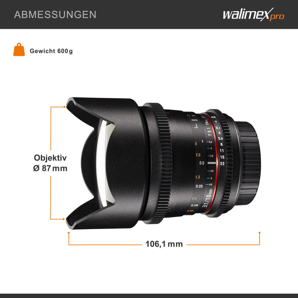 Walimex Pro 10mm 1:3.1 VCSC obiettivo grandangolare (incluso paraluce, IF, ghiera, diaframma e messa a fuoco) per Canon EF-S baionetta nera