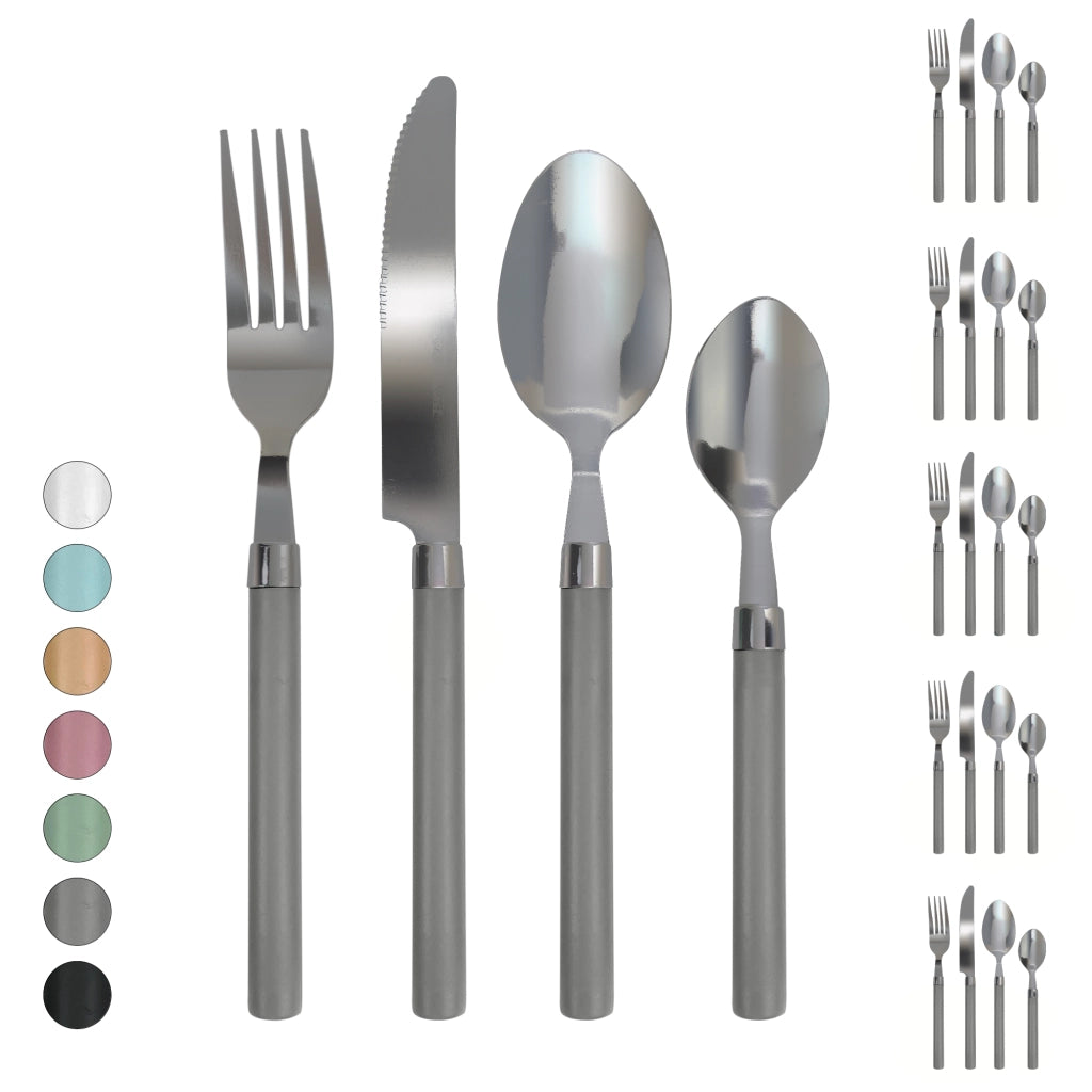 Servizio 24 Pezzi Posate Tavola Acciaio Inox Manici Colorati Tinta Unita Colori Moderni 6x Forchetta Coltello Cucchiaio Cucchiaino Lavabili Lavastoviglie Certificate Contatto Alimenti - Grigio