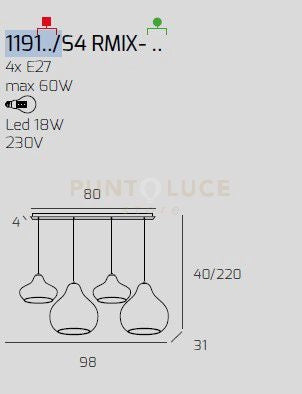 SOSP. OTTONE SATINATO 4 LUCI RETTANGOLARE VETRI (2 X PICCOLO RU + 2 X GRANDE AM) 1191OS-S4 RMIX-AR