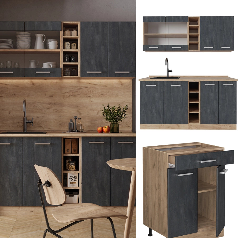 Vicco Cucina completa Calcestruzzo nero/quercia dorata 160 cm PL Marmo