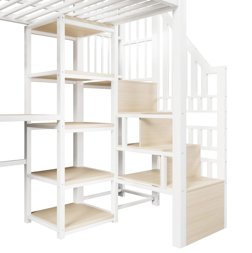 Letto a castello 90x200 cm in metallo e MDF con scrivania; ripiani; LED e USB; bianco