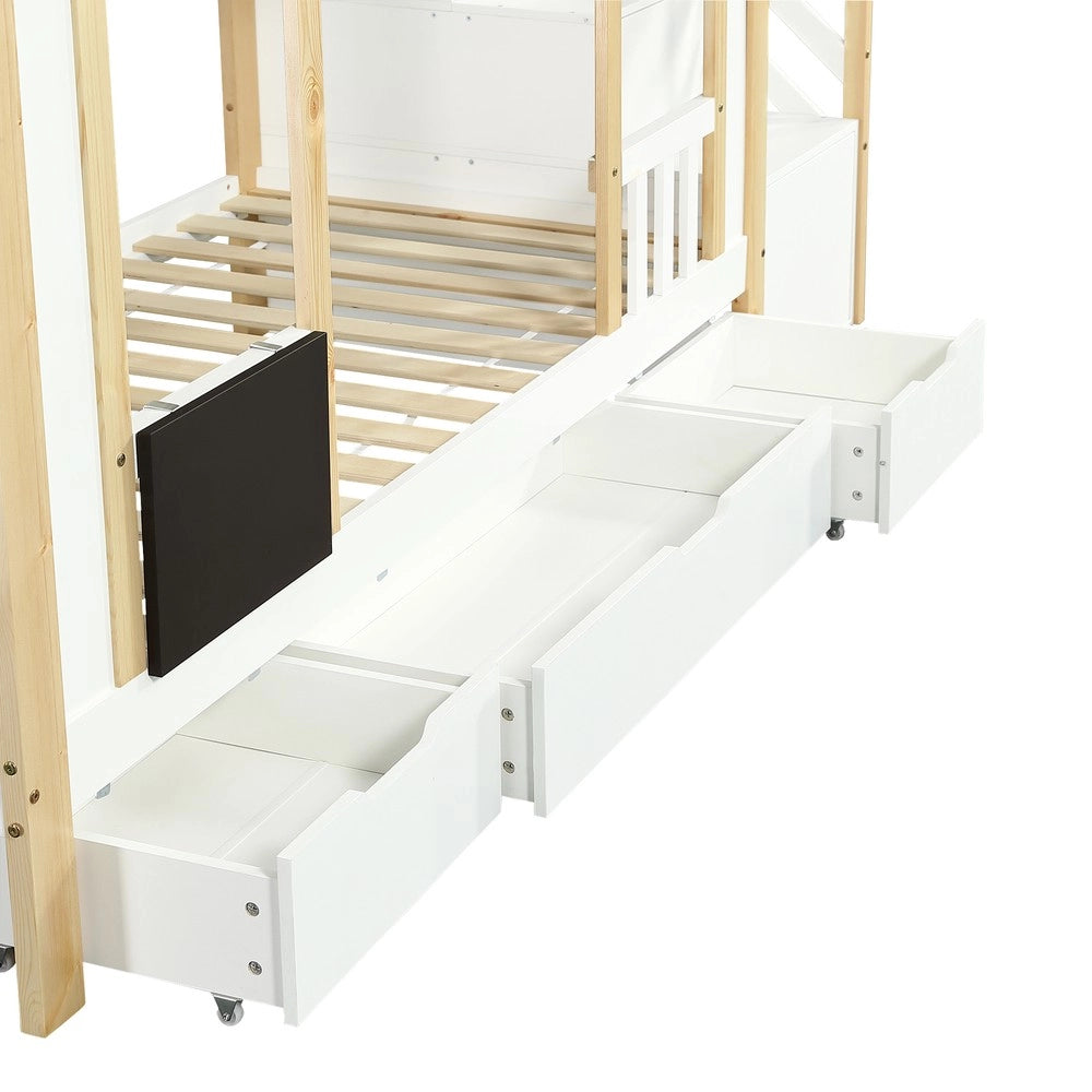 Letto a Castello Bambini con Cassetti e Lavagnetta ¨C Xylo ¨C Pino/MDF, Bianco/Naturale, 90x200