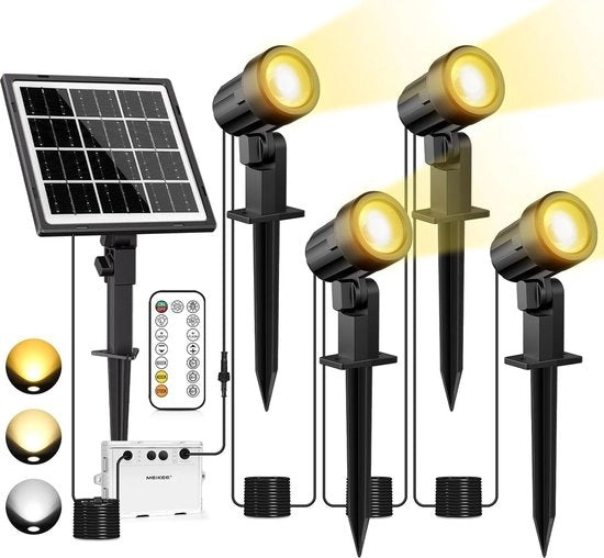 Punti di luce solari per esterni 4 pezzi con telecomando 2700K 4000K 6000K | 3 livelli di luminosità | IP66 impermeabile all'acqua | Lampada solare per giardini, siepi e alberi