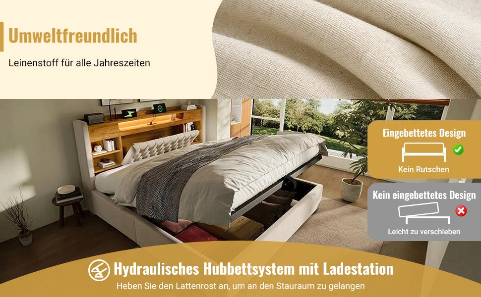Letto Imbottito Contenitore con LED ¨C MINIMAL ¨C Tessuto Beige 140x190 Idraulico USB