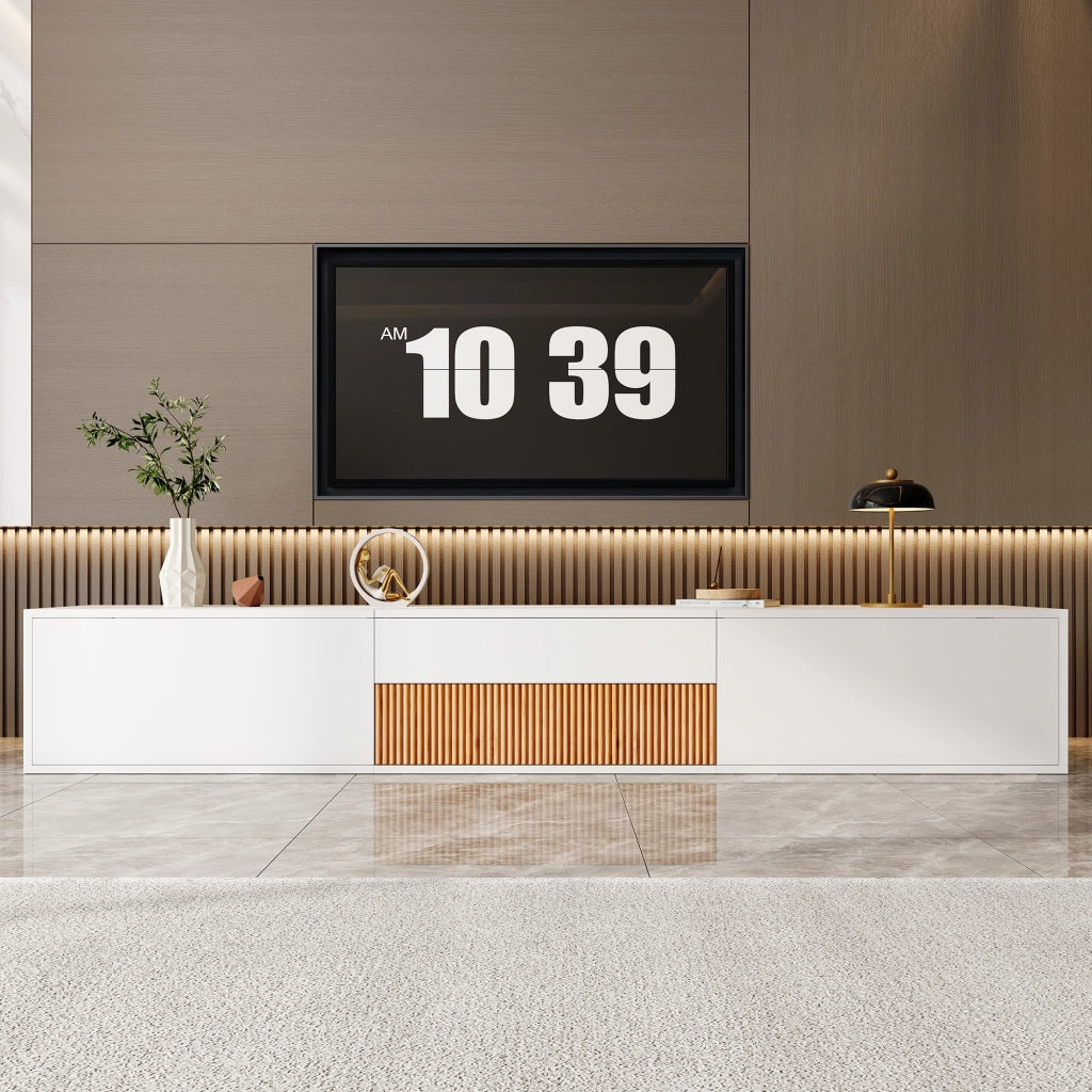 OKWISH Mobile TV con Ante e Vani Aperti, Ripiano Estraibile per Proiettore, Montaggio a Parete o da Terra, 180 x 34 x 30 cm