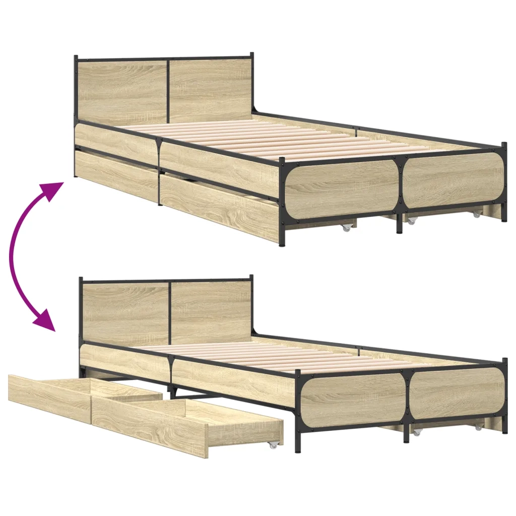 Letto singolo | Letto per adulti | Giroletto Cassetti Rovere Sonoma 75x190 cm Legno Multistrato