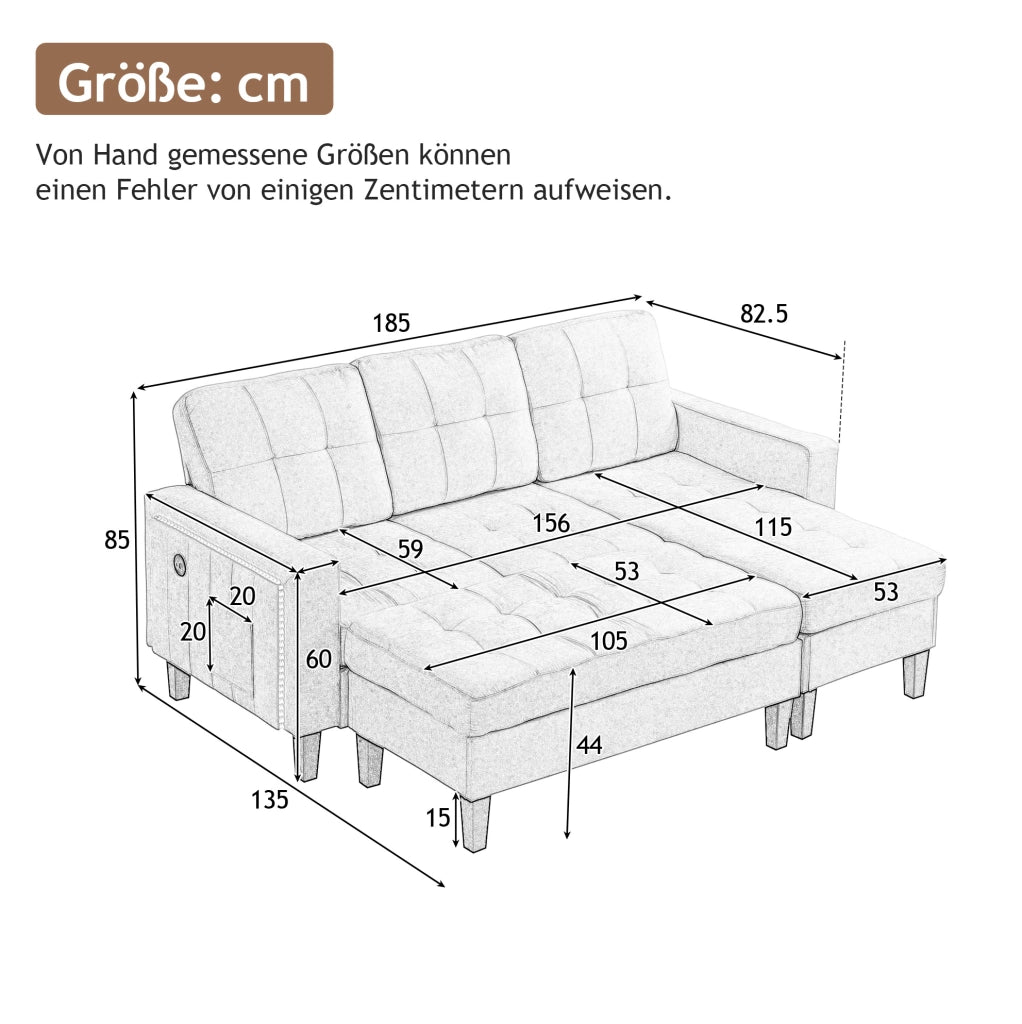 Divano letto angolare modulare con pouf XXL, LED e USB, grigio antico