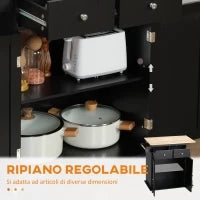 Carrello da Cucina con Armadietto, 2 Cassetti e Portaspezie, Isola da Cucina in Legno, 89x45x89.5cm, Nero