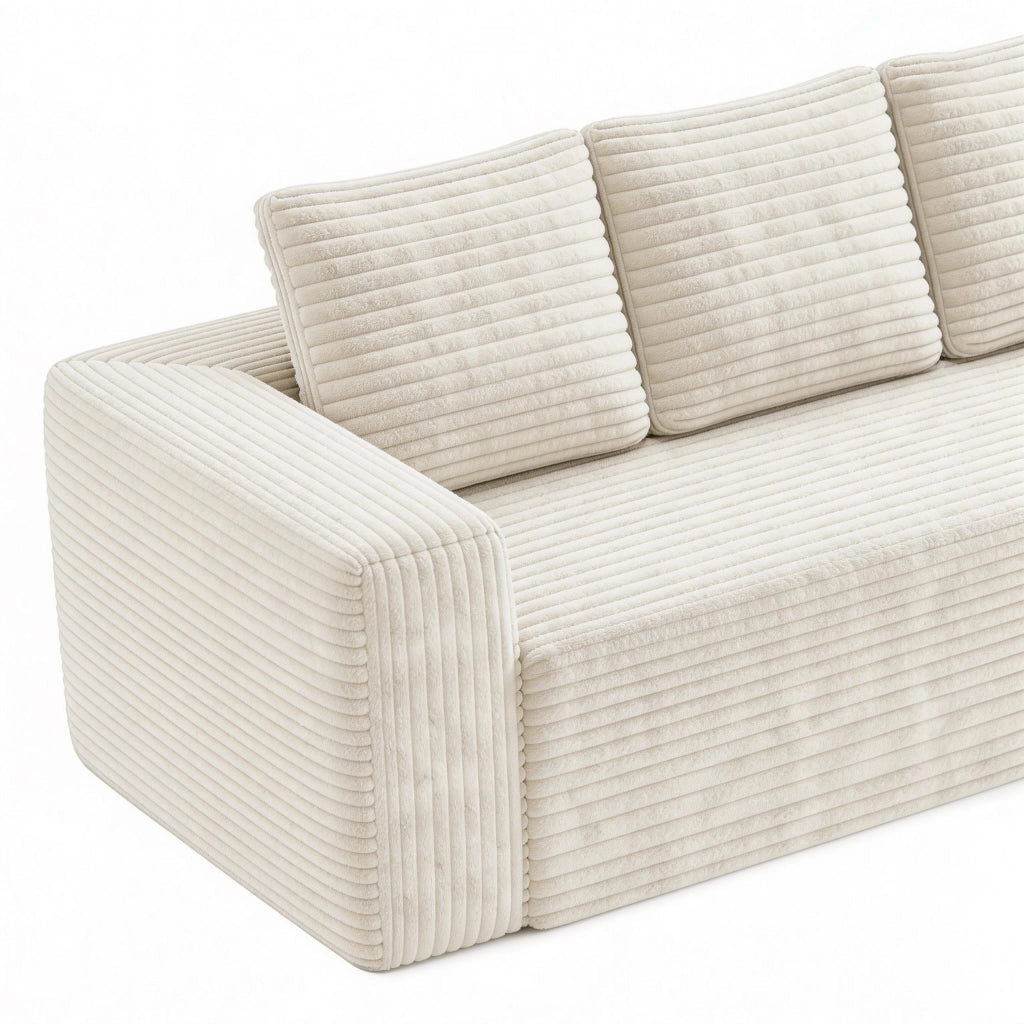 Divano angolare modulare componibile con chaise reversibile e seduta profonda senza montaggio in velluto a coste beige
