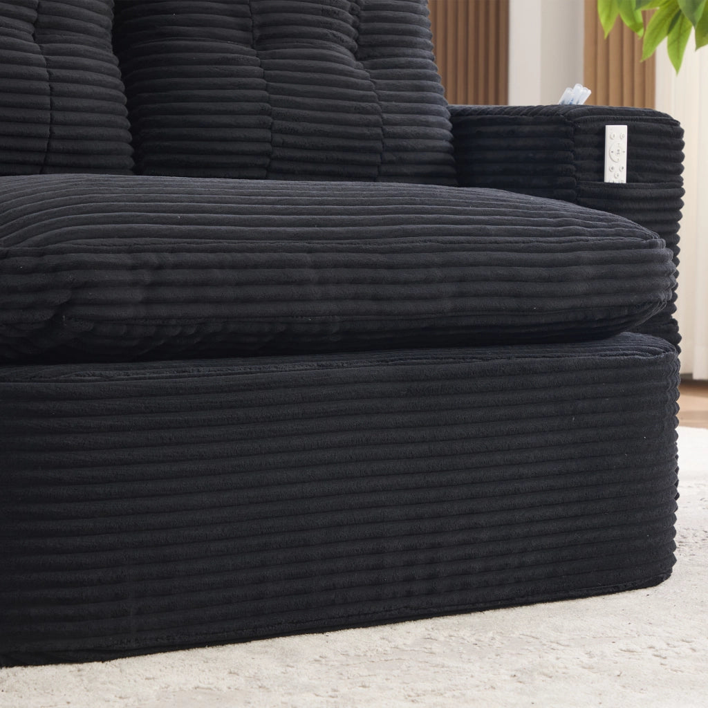 Poltrona letto 2 in 1 in corduroy nero, seduta extra profonda con schienale alto, doppi portabevande e tasche laterali