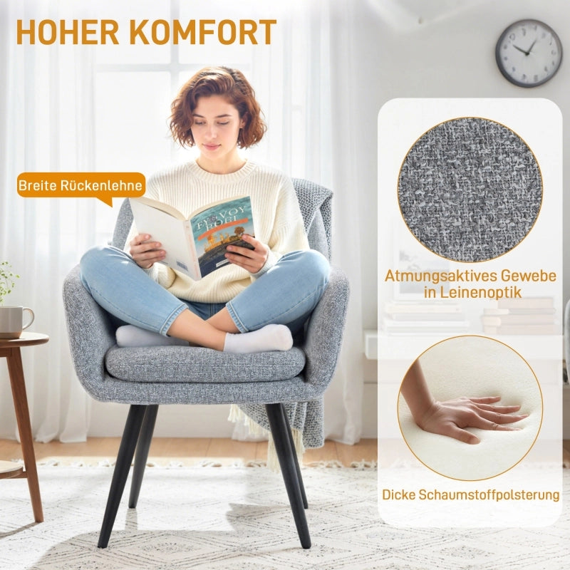 Poltrona moderna di design, imbottita con gambe in metallo, effetto lino, grigio chiaro.
