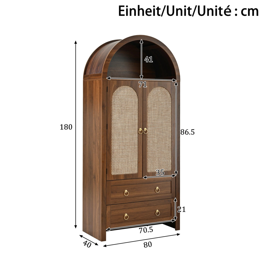 Credenza 80x40x180 cm con ripiani aperti e doppio cassetto in MDF noce