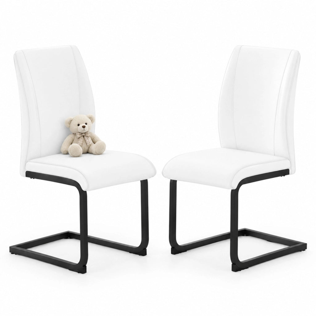 Sedia da pranzo in ecopelle bianca con schienale ergonomico e gambe in metallo nero