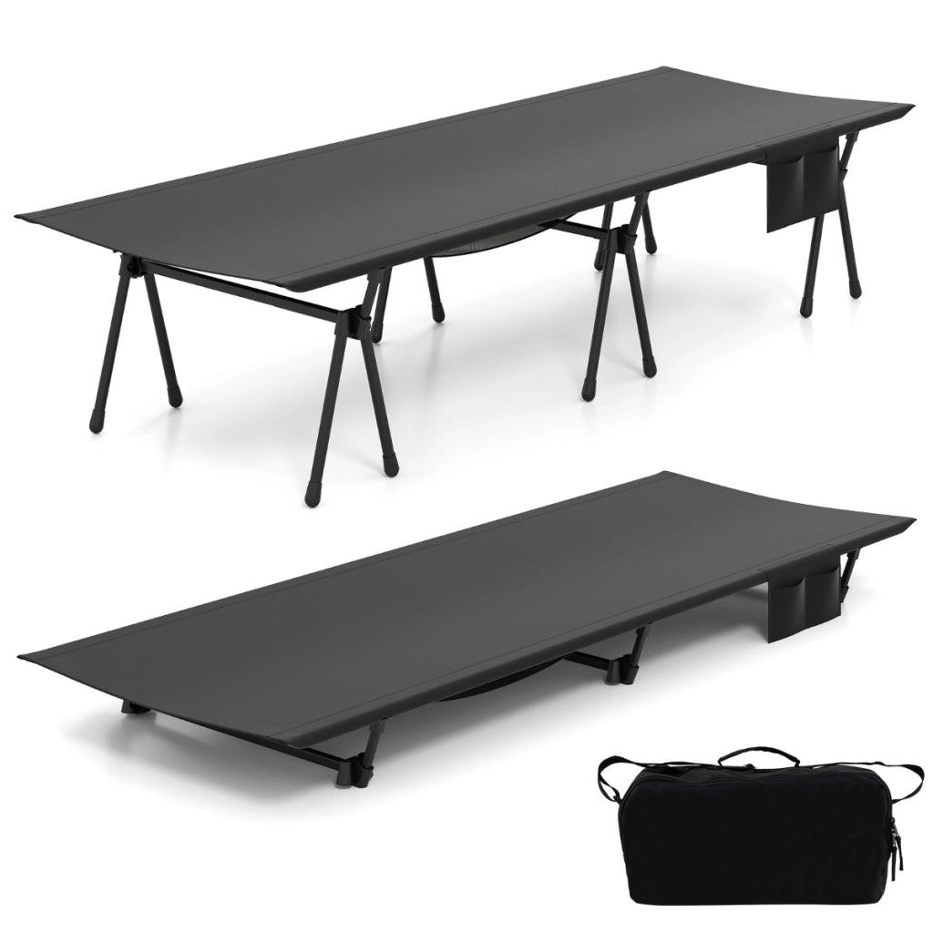 Letto per escursioni regolabile in altezza con estensori per gambe tasca laterale portatile per viaggi spiaggia-2-in-1 brandina da campeggio Nero