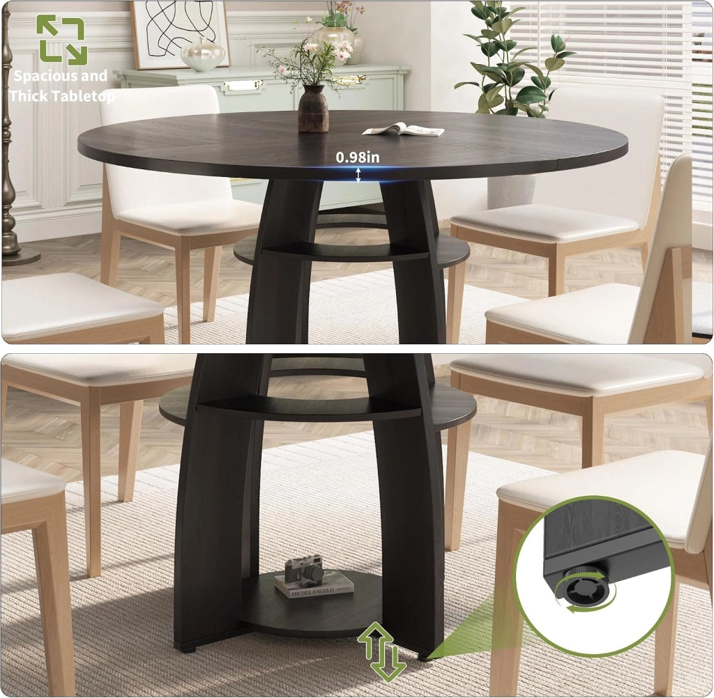 Tavolo da Pranzo Rotondo Rustico 120 cm per 4-6 Persone con Ripiano - Nero
