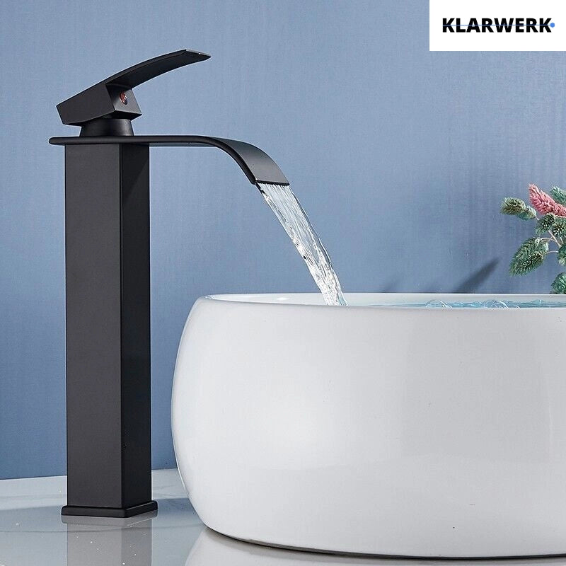 ROSA | Rubinetto da bagno a cascata alto premium nero | Miscelatore Hotel Gastro Premium per lavabo freestanding in acciaio inox con bocca alta