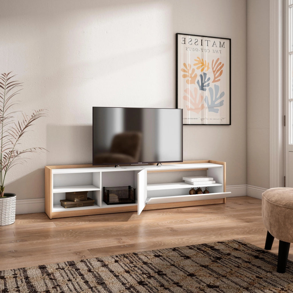 Mobile TV Soggiorno, 207x50x37 cm, Per TV fino a 80", Mobile Soggiorno, Bianco e Rovere soft