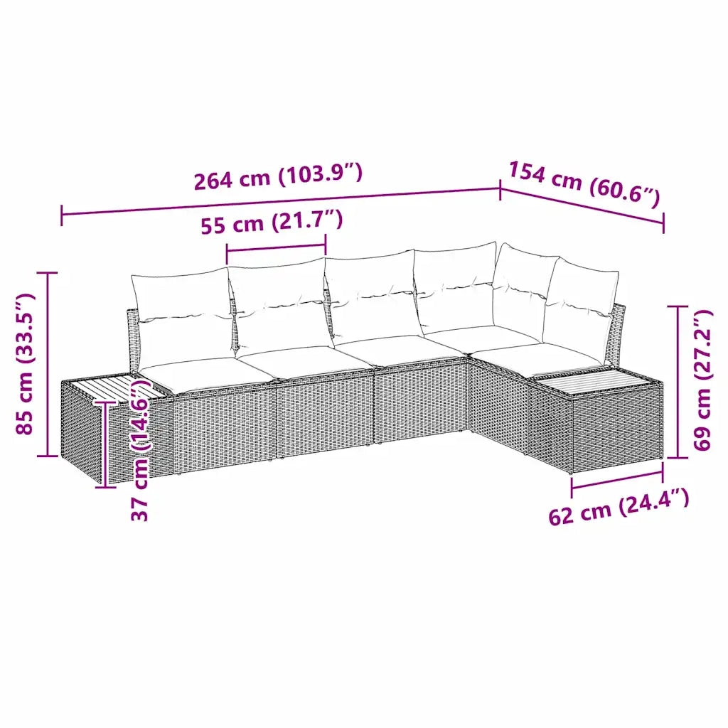 Set Divano da Giardino con cuscino 5 pcs Nero Poly Rattan 3348083