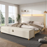 Letto 140x200 cm con contenitore e LED in legno e corduroy beige