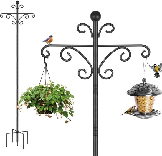 Voederbak perpendicolare per uccelli, 196 cm, ciotola di alimentazione per giardino indipendente, gru hanger pesante metallo a doppia testa, gru hanger per lampade solari, ceste, nero, 1 pezzo
