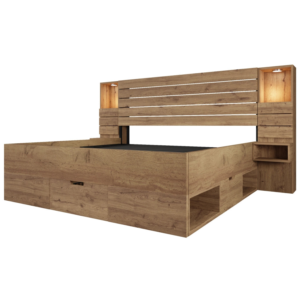 Letto Contenitore Matrimoniale con LED e Cassetti ¨C MINIMAL ¨C Rovere 160x200