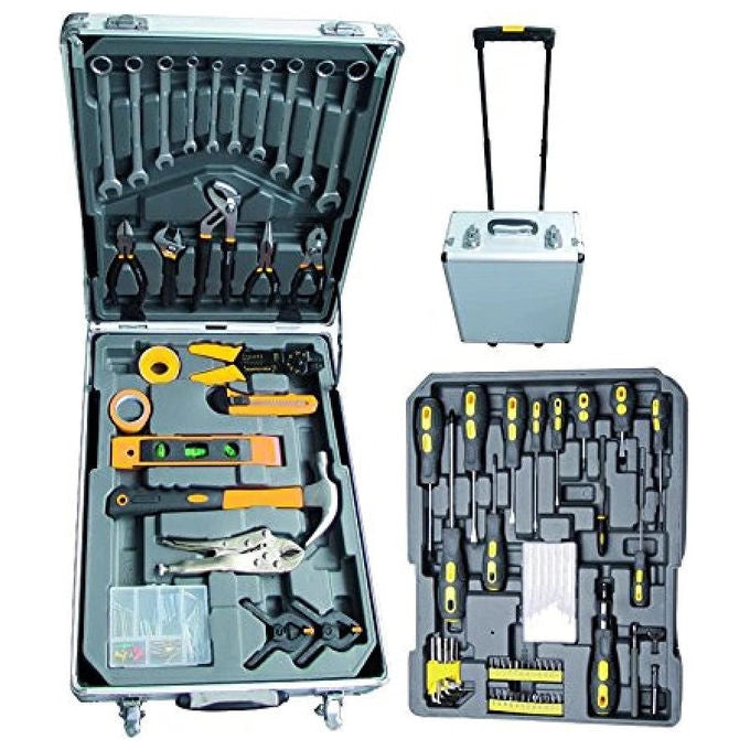 Vigor 3648025 VAU-V142 Valigia Trolley Porta Attrezzi Utensili 142 Pezzi Alluminio 3 Cassetti Maniglia Telescopica
