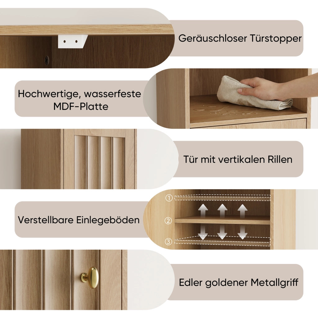 Armadietto da bagno con ante e vani aperti, stile mid-century, in MDF, rovere, per bagno e ingresso, 32 × 30 × 169 cm