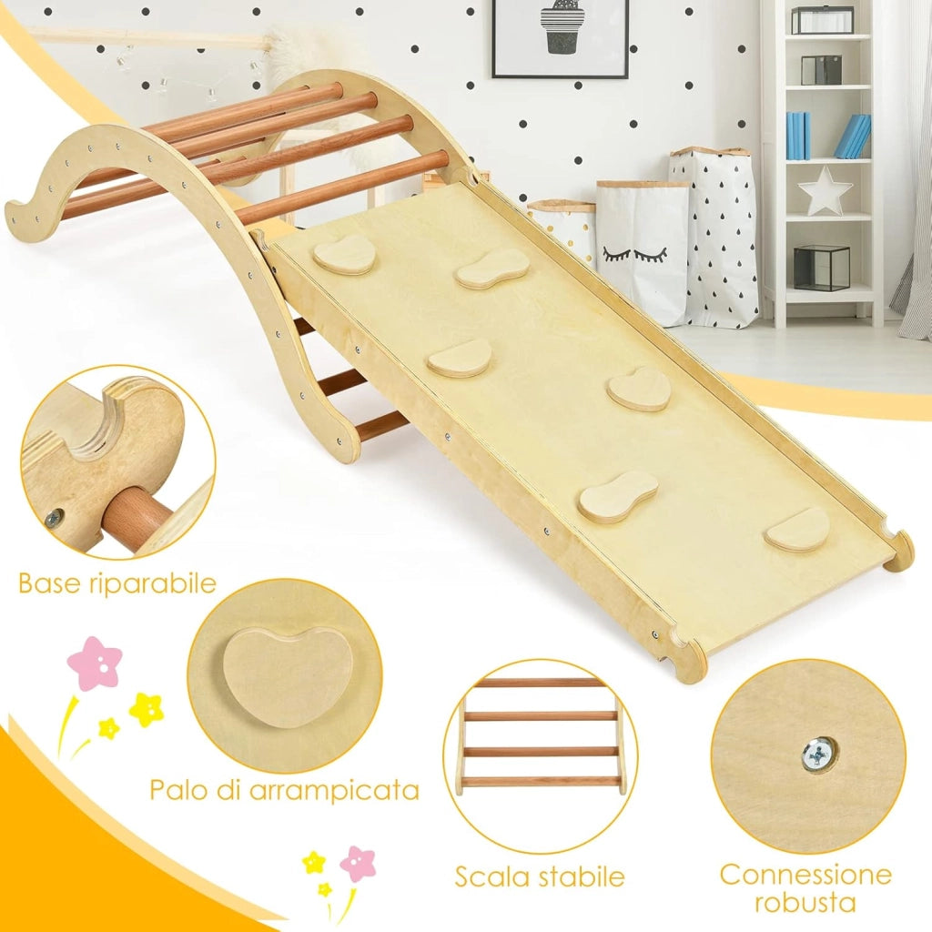 4 in 1 Set da Arrampicata per Bambini, Scala Giochi Arrampicata con Tappetino, Scala a Volta Versatile per Arrampicarsi e Scivolare, Carico 60 kg (Naturale)