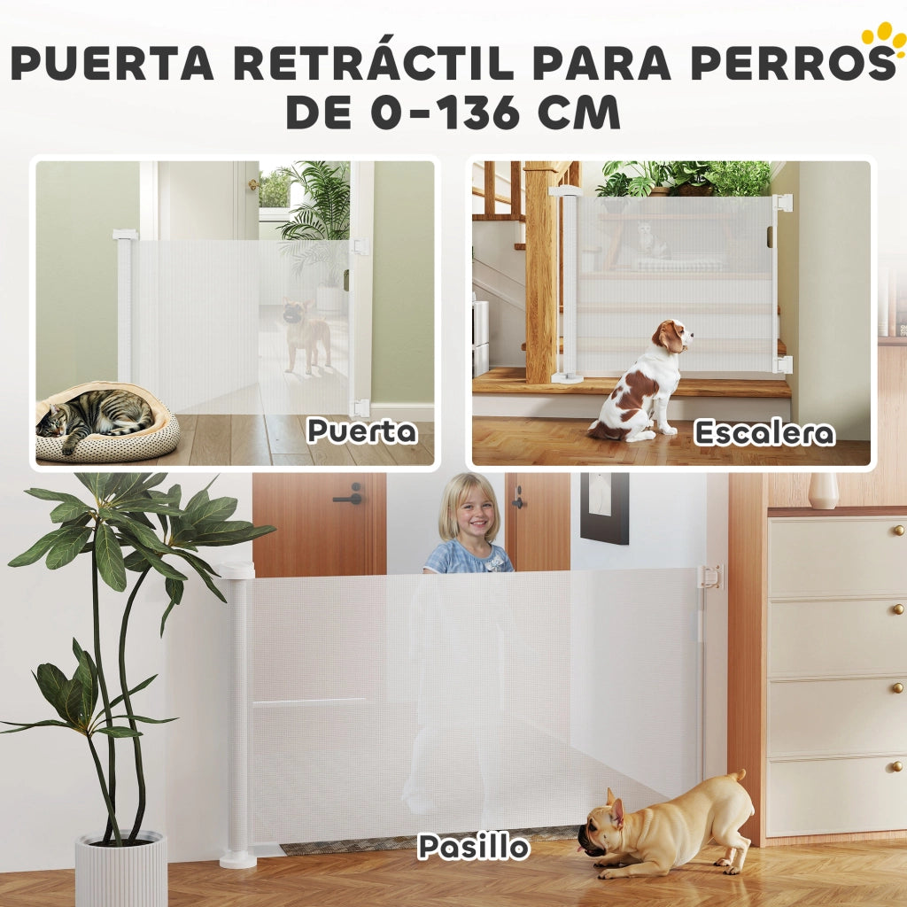 Barriera di sicurezza per cani retrattile con chiusura ¨C zephmum ¨C 142x10x87 cm bianco