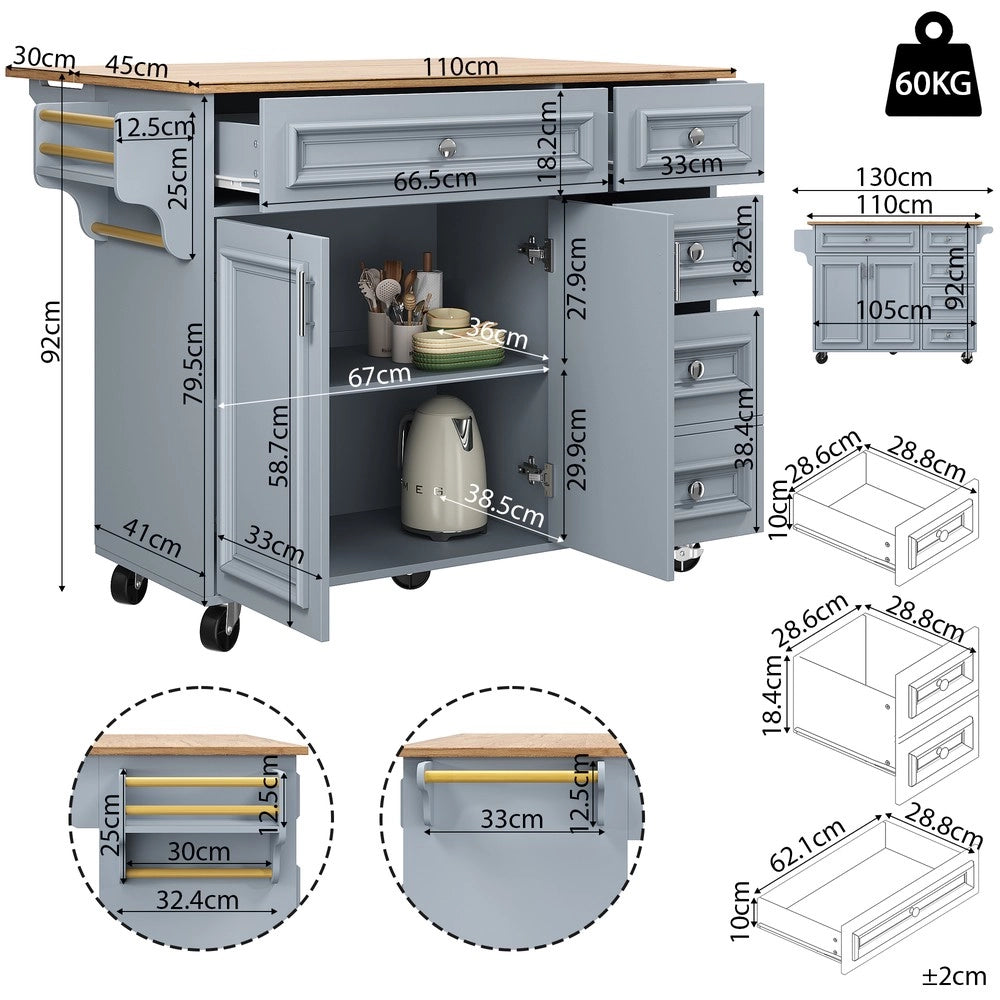 Isola Cucina Multifunzionale con Buffet e Ruote ¨C Xylo ¨C 110x45x92 cm, Blu, Legno