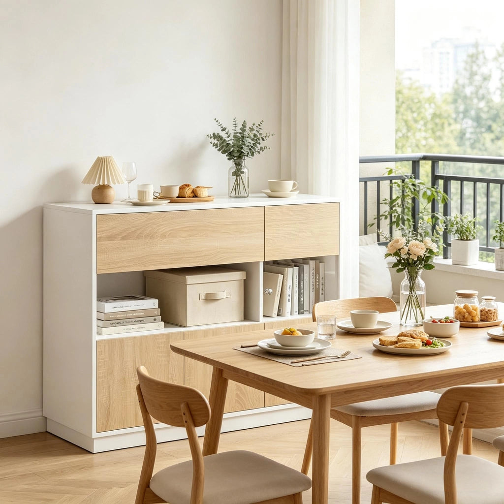 Credenza e madia con vano aperto e anta acrilica, in legno ingegnerizzato, bianco e rovere chiaro, 100 × 40 × 80 cm