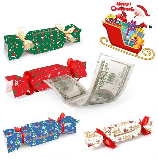 Cassa per le banconote 4 pezzi - Pacchetto di sorpresa - Regalo di Natale - Cassetto di risparmio - Cassa di denaro - Decorazione di festa - Incluso 40 sacchetti e 8 nastri - Scatola di sorpresa