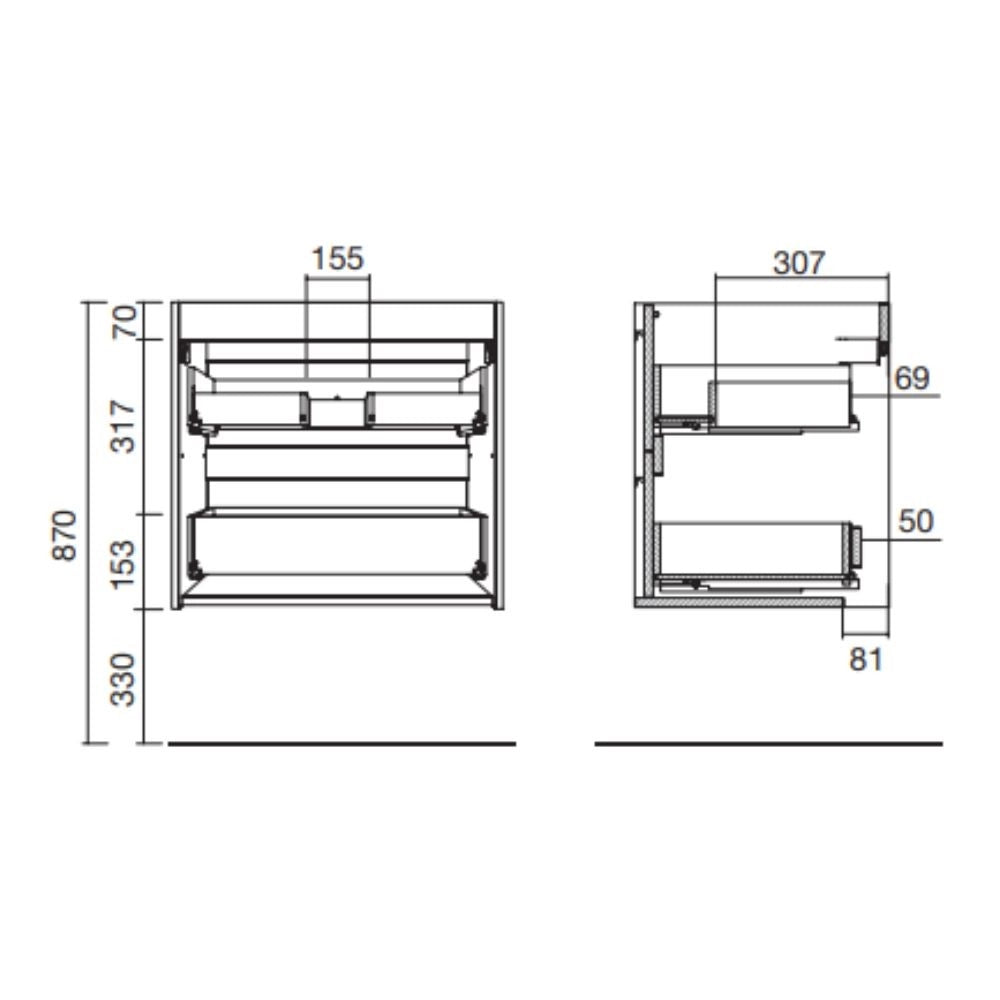Mobile bagno sospeso Ador60 rovere ostippo con lavabo 2 cassetti 60x45x54h