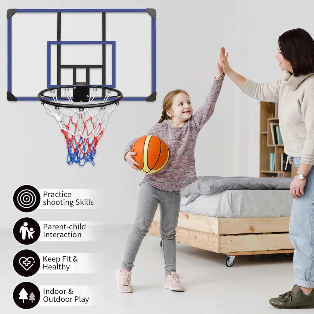 Area giochi canestro da parete con tabellone e anello in pe rattan ferro e tessuto impermeabile nero blu 112 × 72 cm