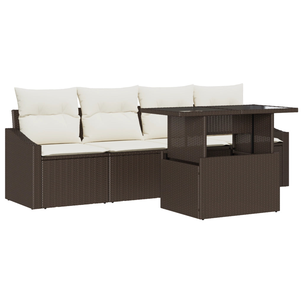 Set Divano da Giardino 5 Pezzi con Cuscini Marrone Polirattan